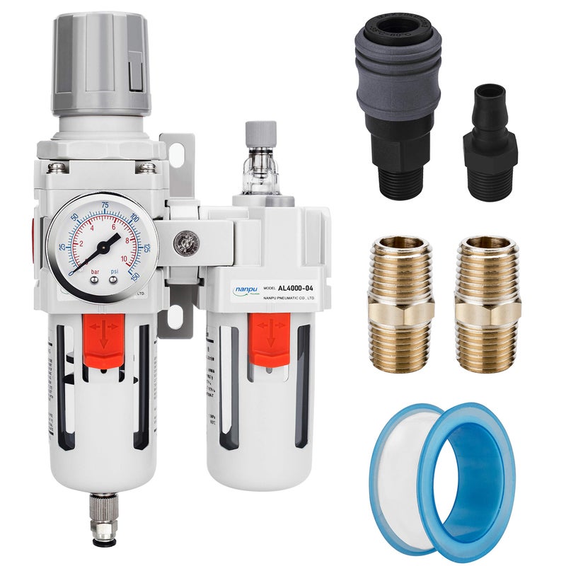 NANPU 1/2" NPT Compressed Air Filter Regulator Lubricator Combo Water/Oil Trap Separator - Gauge(0-150 psi), Poly Bowl, Semi-Auto Drain, Bracket - 3 in 1 Two Unit - Image 1
